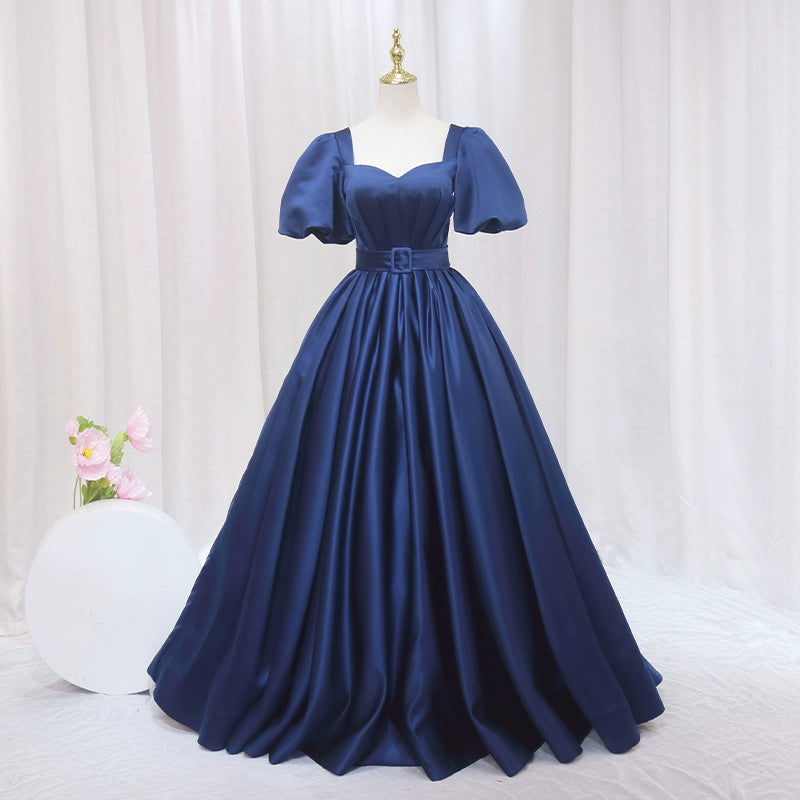New Tendency A-Line Short Sleeve Evening Gowns Square Neck Satin Pleated Prom Dress AP4563
