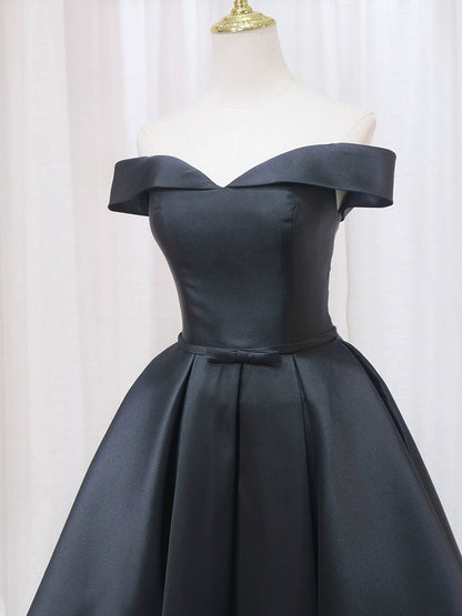 Everyday Wear Off-Shoulder A-Line Birthday Dresses Bow Black Satin Homecoming Dress AP4564