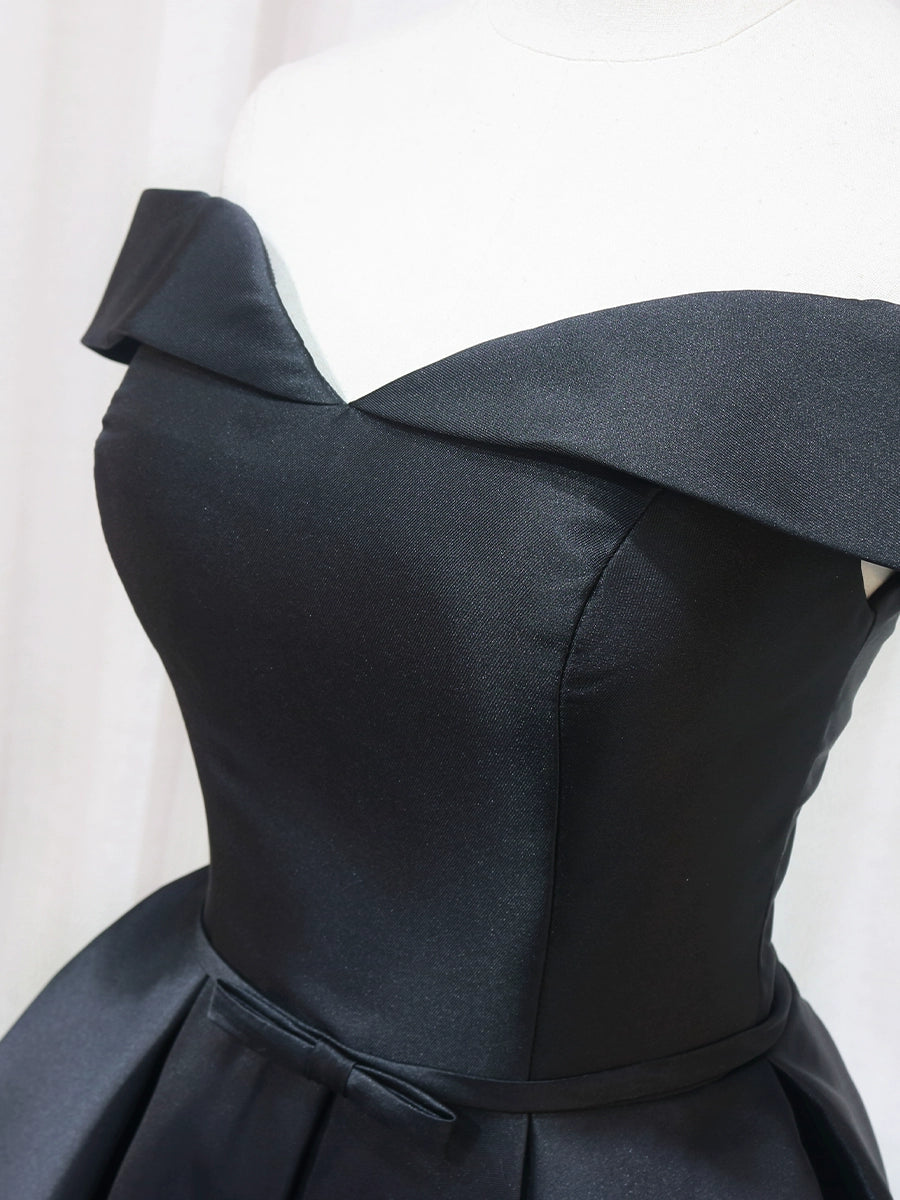 Everyday Wear Off-Shoulder A-Line Birthday Dresses Bow Black Satin Homecoming Dress AP4564