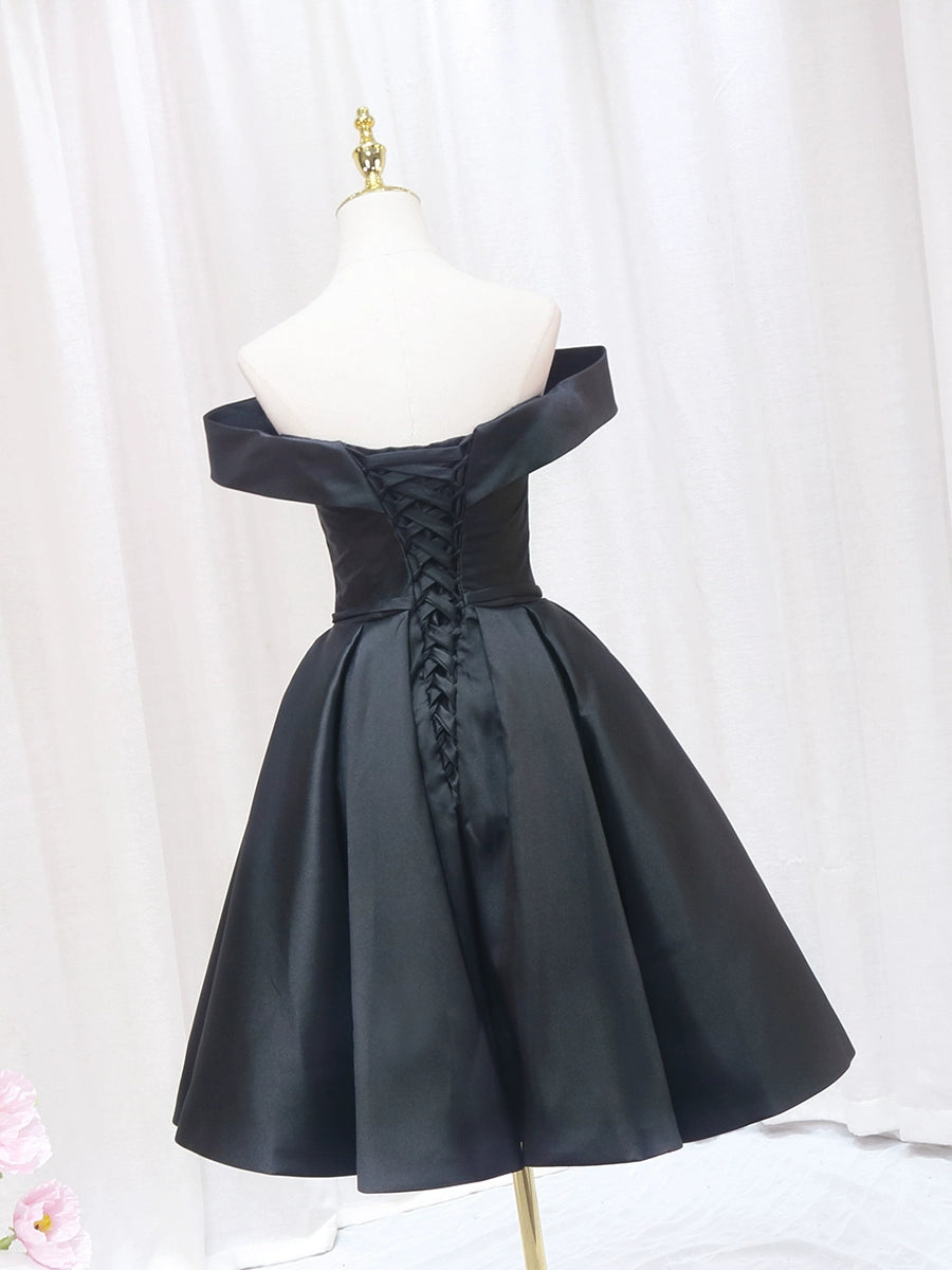 Everyday Wear Off-Shoulder A-Line Birthday Dresses Bow Black Satin Homecoming Dress AP4564