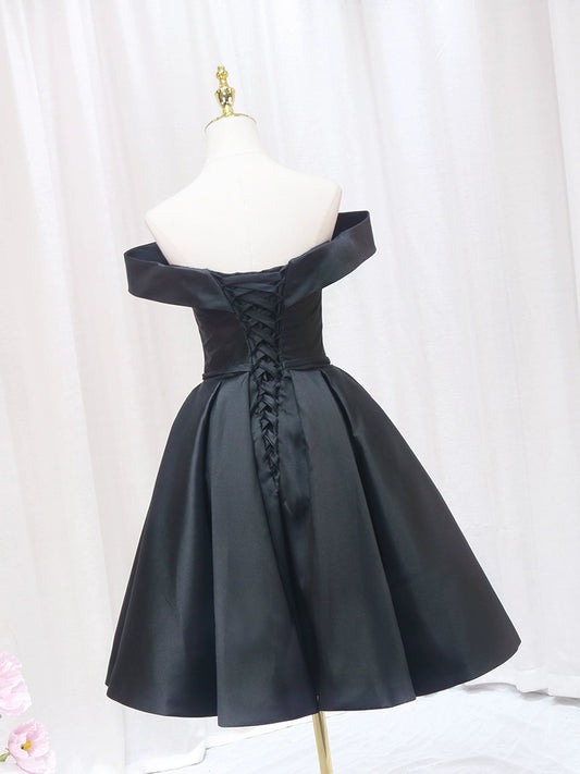 Everyday Wear Off-Shoulder A-Line Birthday Dresses Bow Black Satin Homecoming Dress AP4564