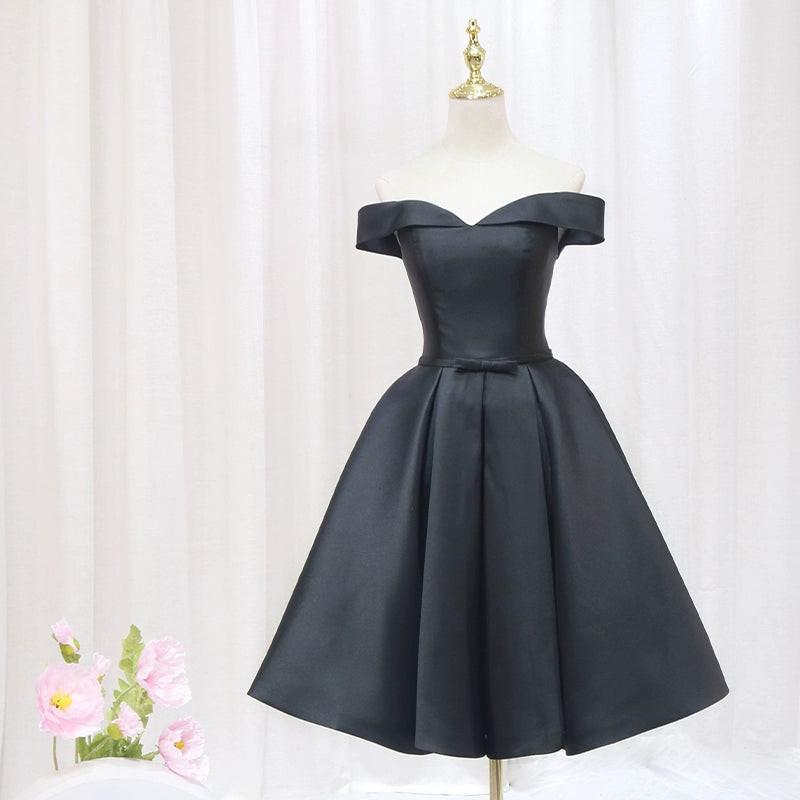 Everyday Wear Off-Shoulder A-Line Birthday Dresses Bow Black Satin Homecoming Dress AP4564