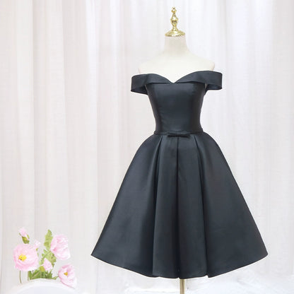 Everyday Wear Off-Shoulder A-Line Birthday Dresses Bow Black Satin Homecoming Dress AP4564