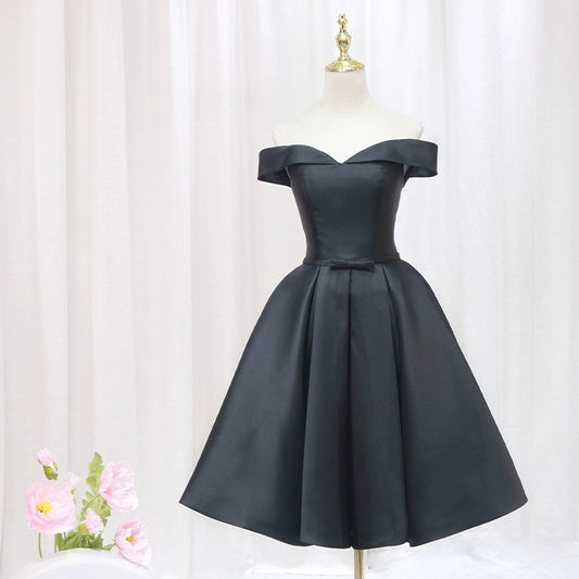 Everyday Wear Off-Shoulder A-Line Birthday Dresses Bow Black Satin Homecoming Dress AP4564