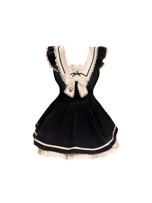 Lovely Square Neck Lace-Trimmed Ruffled Mini Skirt Charming Paw Print Detail Bow Accent A-Line Short Dress AP4566