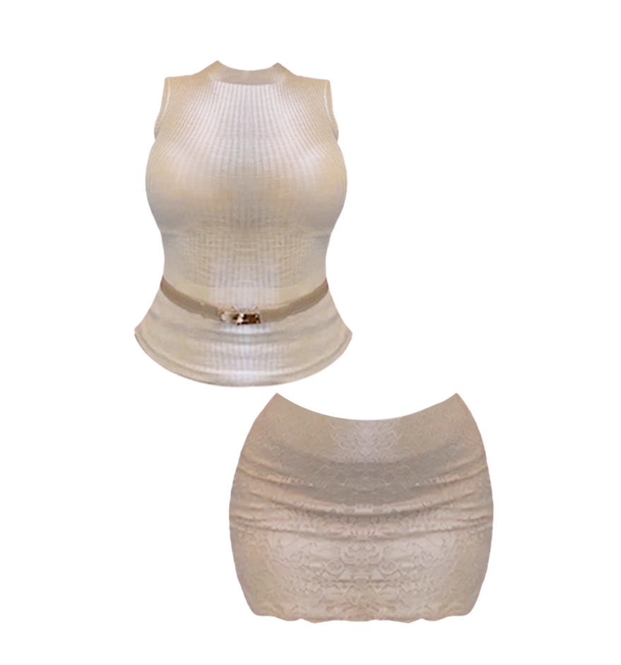 Boho-Inspired Sleeveless Ribbed Knit Mini Dress Stretchy Beige Two-Piece Set Jewel Neck Lace Bodycon Short Dress AP4567