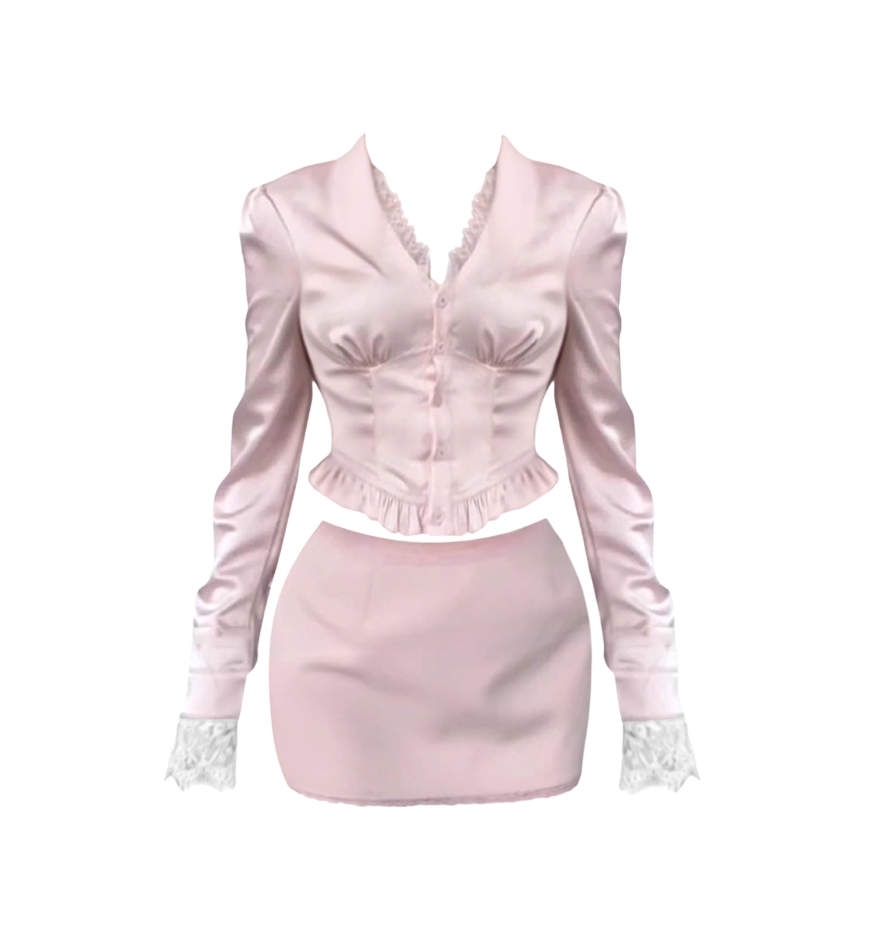 Refined V Neck Long Sleeve Blouse Sheath Mini Skirt Casual Two-Piece Set Lace Cuffs Short Dress AP4568