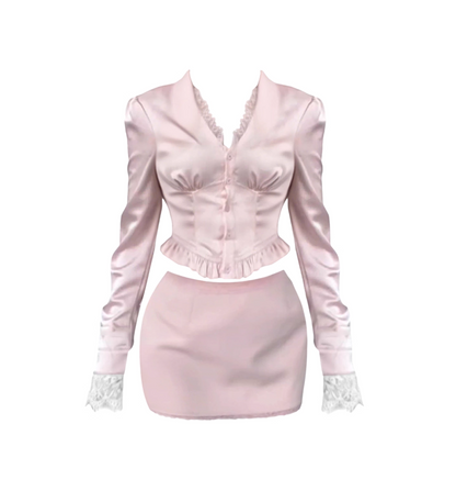 Refined V Neck Long Sleeve Blouse Sheath Mini Skirt Casual Two-Piece Set Lace Cuffs Short Dress AP4568