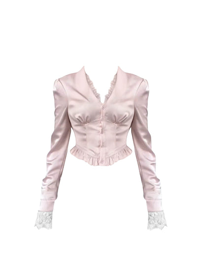 Refined V Neck Long Sleeve Blouse Sheath Mini Skirt Casual Two-Piece Set Lace Cuffs Short Dress AP4568