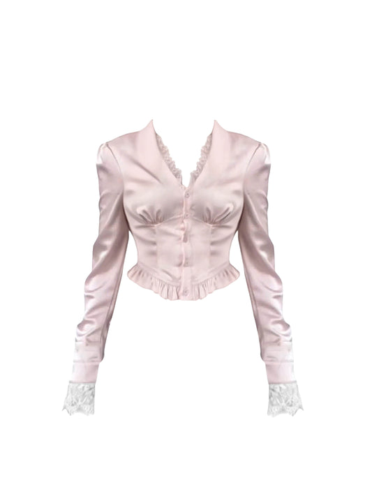 Refined V Neck Long Sleeve Blouse Sheath Mini Skirt Casual Two-Piece Set Lace Cuffs Short Dress AP4568