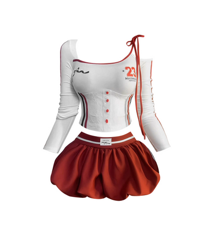 Beautiful A-Line Two-Piece Outfit Crop Top Flared Mini Skirt Sexy Asymmetric Neck Long Sleeve Short Dress AP4569