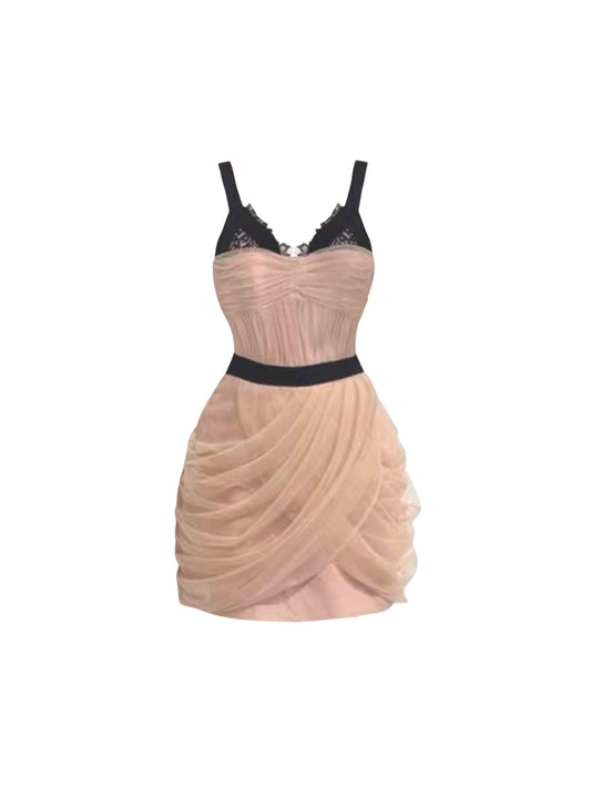 Enchanting Spaghetti Strap Lace Shoulder Trim Mini Skirt With Waistband Chic Sheath Splicing Tulle Short Dress AP4570