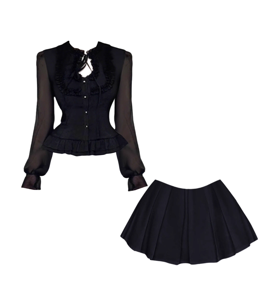 Exquisite A-Line Ruffled Hem Party Outfit Pleated Mini Skirt Romantic Lace Tie Jewel Neck Long Sleeve Two-Piece Short Dress AP4571