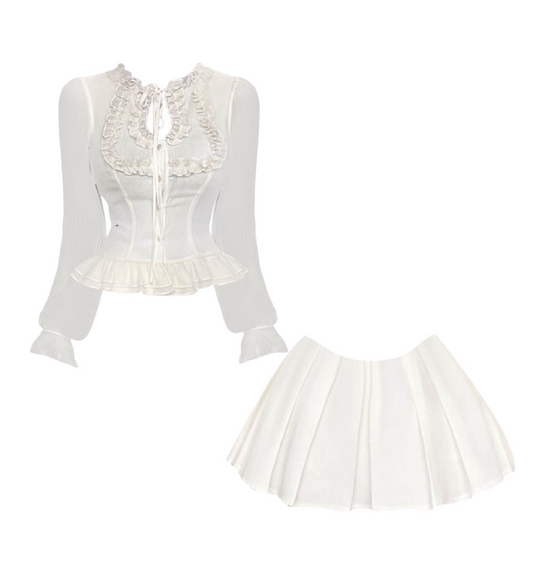 Exquisite A-Line Ruffled Hem Party Outfit Pleated Mini Skirt Romantic Lace Tie Jewel Neck Long Sleeve Two-Piece Short Dress AP4571