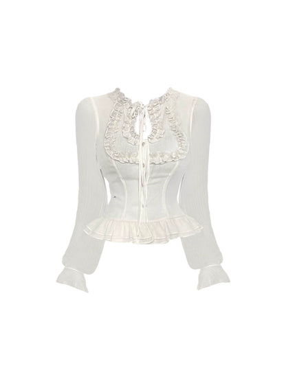 Exquisite A-Line Ruffled Hem Party Outfit Pleated Mini Skirt Romantic Lace Tie Jewel Neck Long Sleeve Two-Piece Short Dress AP4571