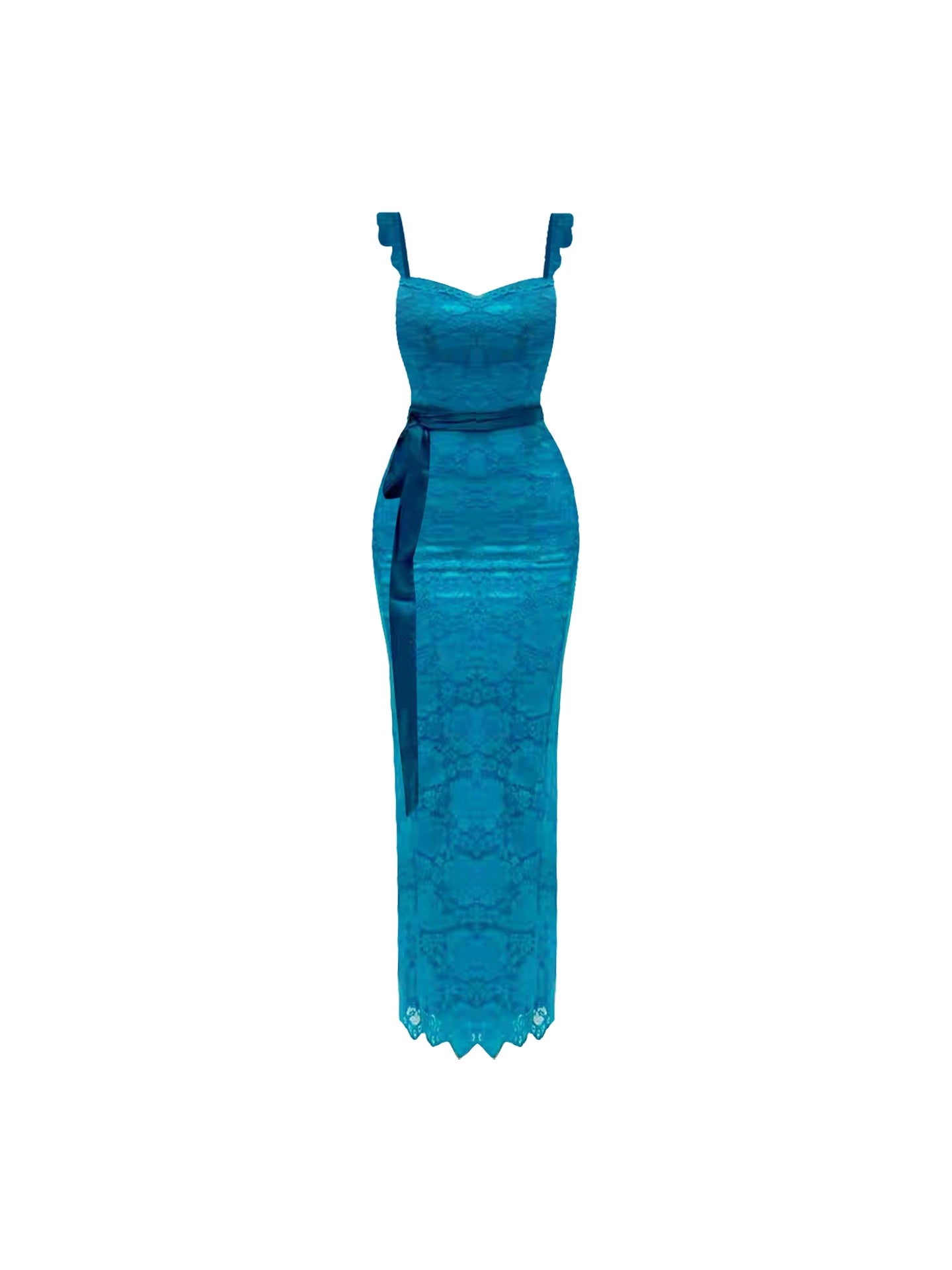 Superb Sheath Splicing Teal Lace Scalloped Hem Maxi Dress Vintage Self-Tie Waist Spaghetti Straps Slim-Fit Long Dress AP4572