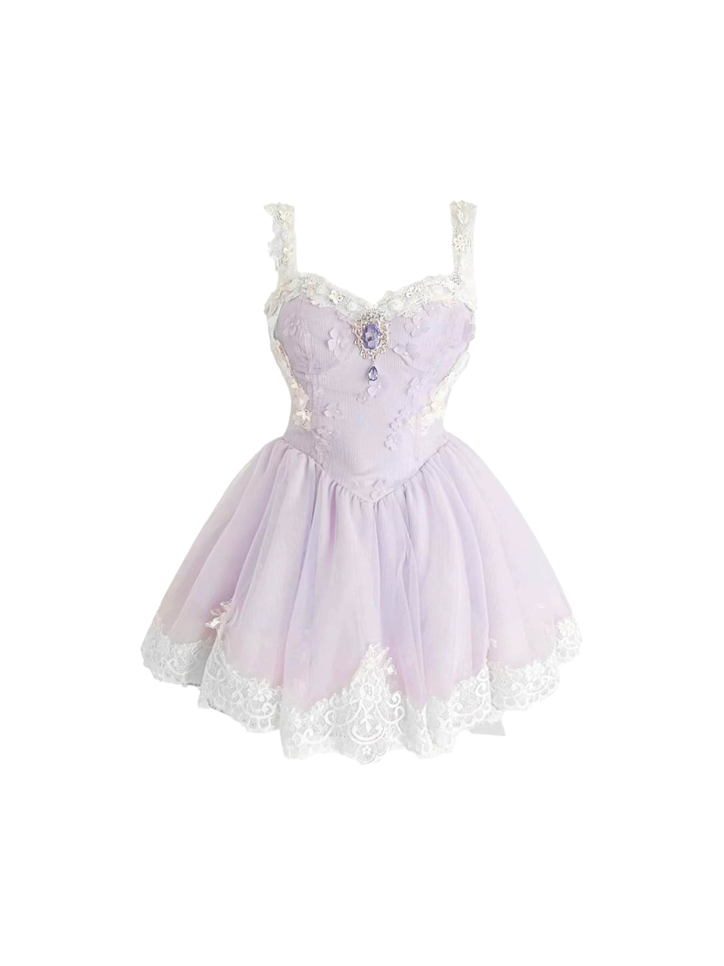 Appealing Lavender Spaghetti Strap Crystals Pendant Mini Skirt Adorable White Lace Trim A-Line Short Dress AP4565
