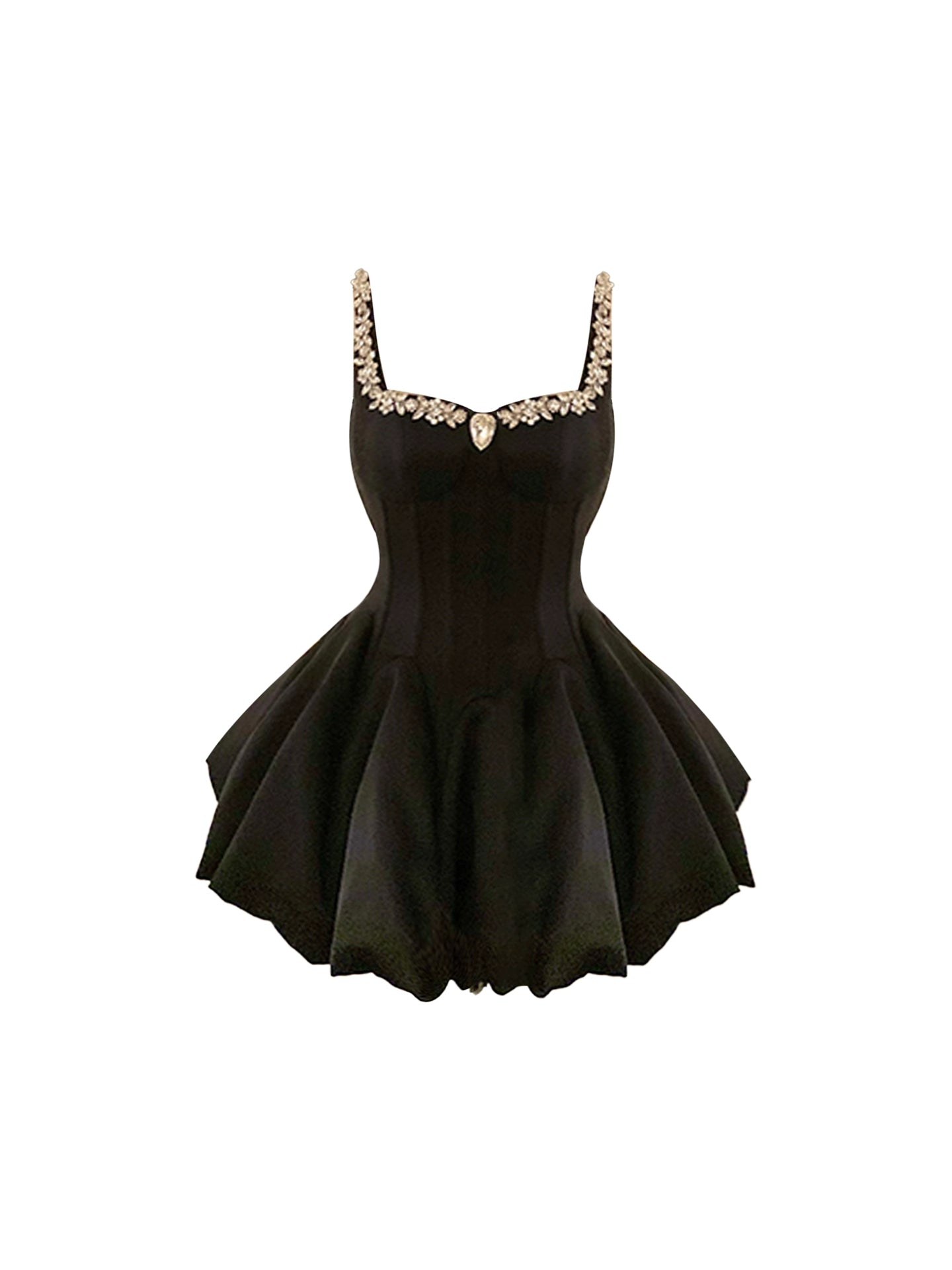 Fascinating Spaghetti Strap Crystals Pendant Mini Skirt Fashionable Cinched-Waist A-Line Black Short Dress AP4576