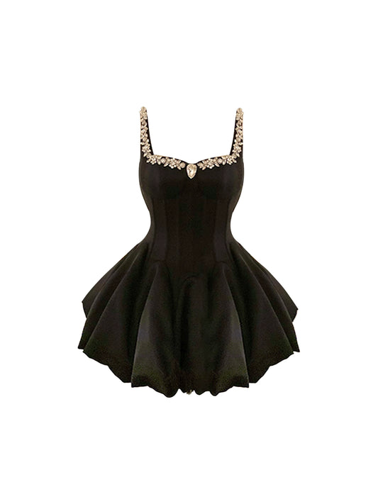 Fascinating Spaghetti Strap Crystals Pendant Mini Skirt Fashionable Cinched-Waist A-Line Black Short Dress AP4576