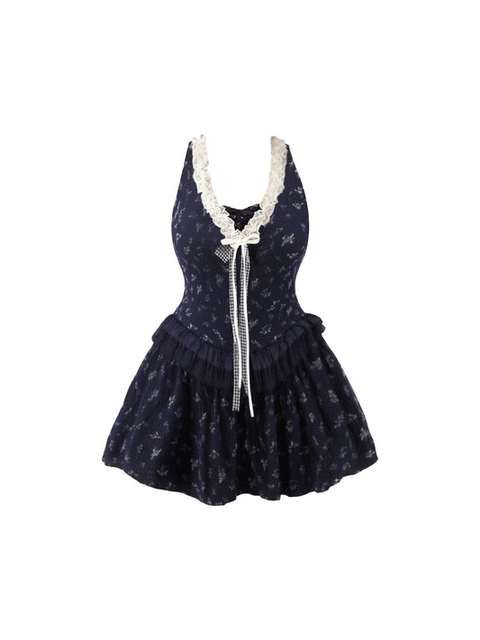 Splendid A-Line Floral Print Sleeveless Lace Trim Mini Skirt Vogue Bow Tie Ruffled Hem Halter Short Dress AP4577
