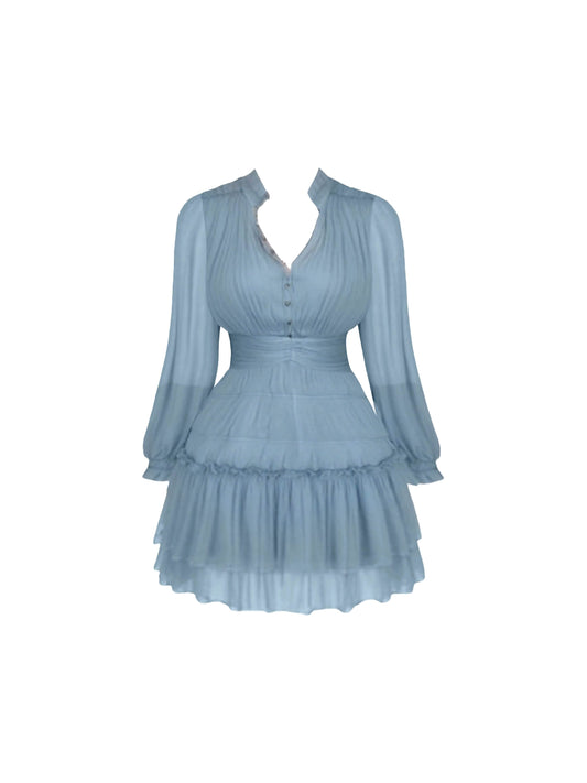 Enticing A-Line Sheer Tiered Ruffled Hem Mini Skirt Casual Stand Collar V-Cut Lantern Long Sleeve Short Dress AP4578