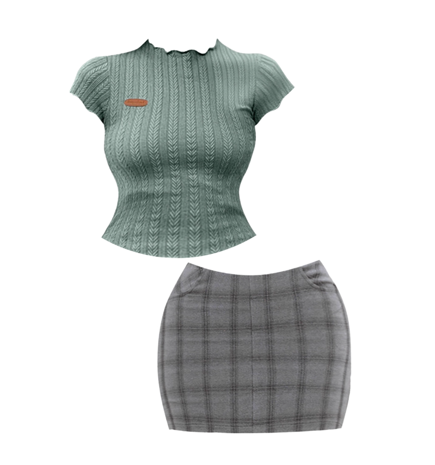 Avant-Garde Two-Piece Set Short Sleeve Jewel Neck Mini Skirt Chic Knitted Crop Top Sheath Plaid Short Dress AP4579