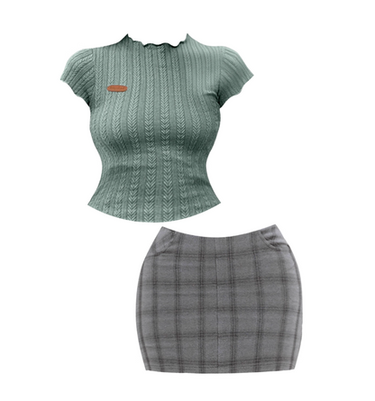Avant-Garde Two-Piece Set Short Sleeve Jewel Neck Mini Skirt Chic Knitted Crop Top Sheath Plaid Short Dress AP4579