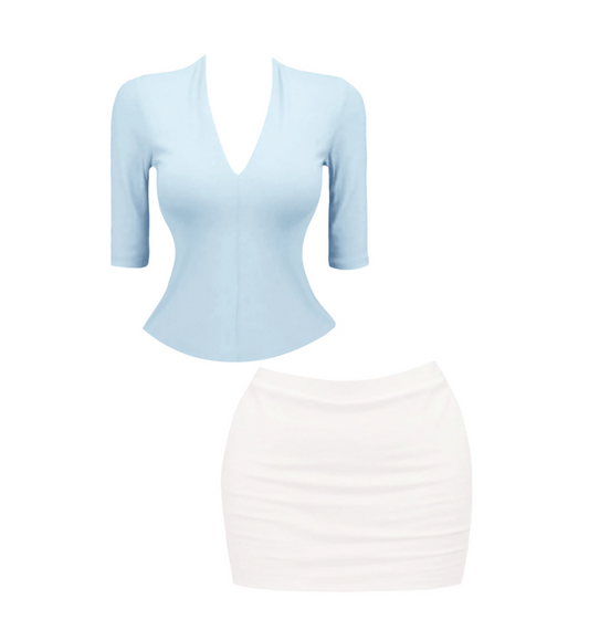 Eye-Catching V Neck Light Blue & White Two-Piece Set Mini Skirt Fresh Sheath 3/4 Sleeve Ruched Short Dress AP4580