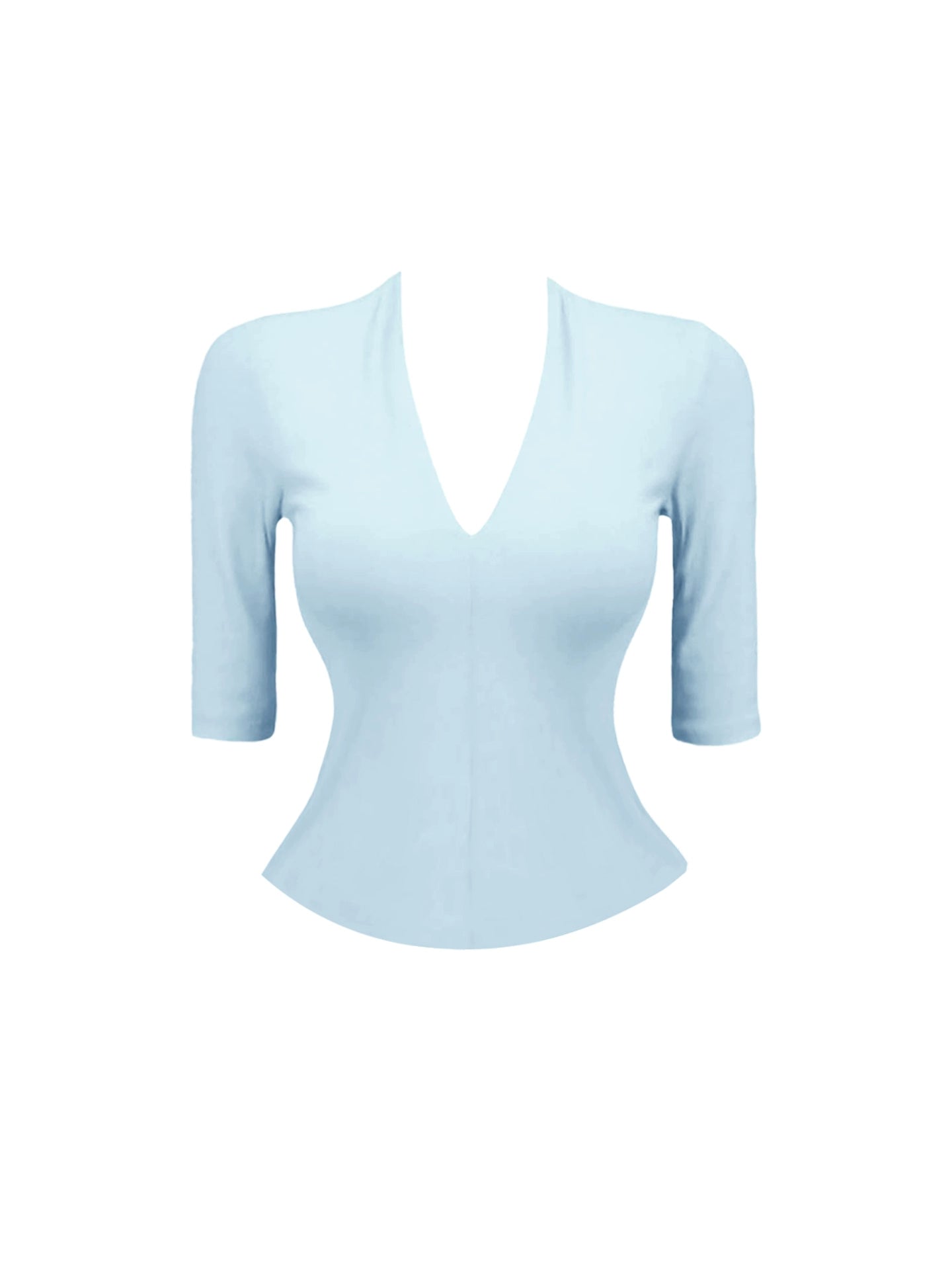 Eye-Catching V Neck Light Blue & White Two-Piece Set Mini Skirt Fresh Sheath 3/4 Sleeve Ruched Short Dress AP4580