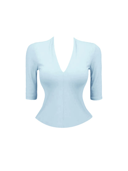 Eye-Catching V Neck Light Blue & White Two-Piece Set Mini Skirt Fresh Sheath 3/4 Sleeve Ruched Short Dress AP4580