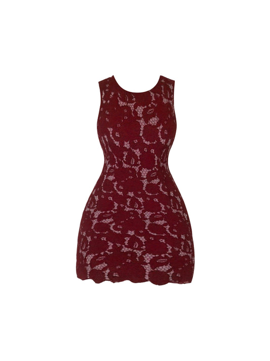 Fresh Slim-Fit Burgundy Lace Trim Mini Dress Sexy Jewel Neck Bodycon Scalloped Hem Short Dress AP4581