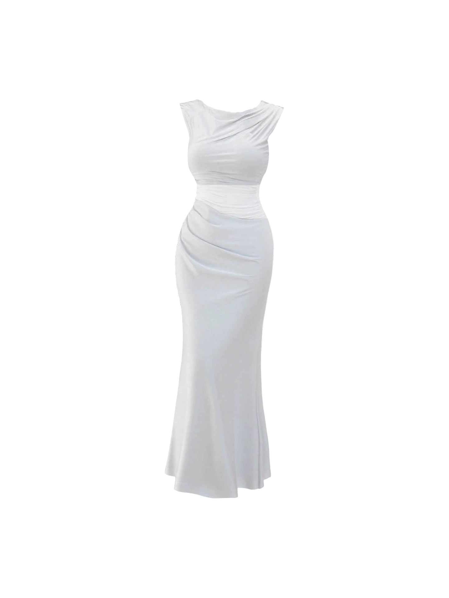 Romantic Sheath Draped Jewel Neck Maxi Dresses Refined White Sleeveless Fitted Long Dress AP4582