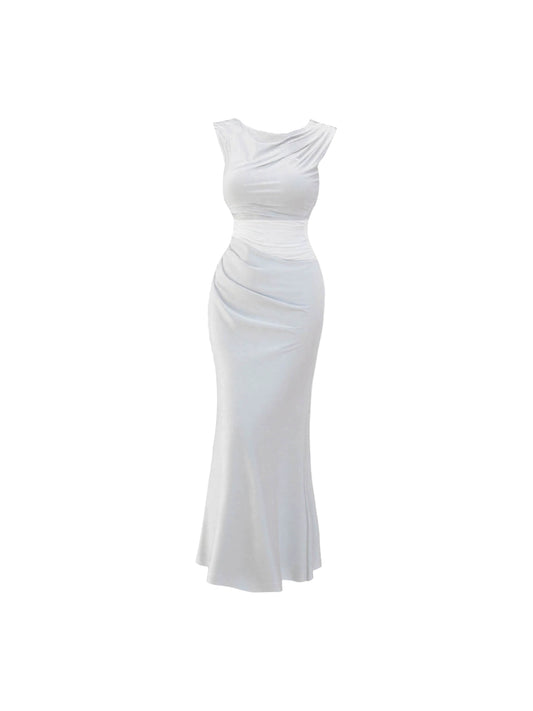 Romantic Sheath Draped Jewel Neck Maxi Dresses Refined White Sleeveless Fitted Long Dress AP4582