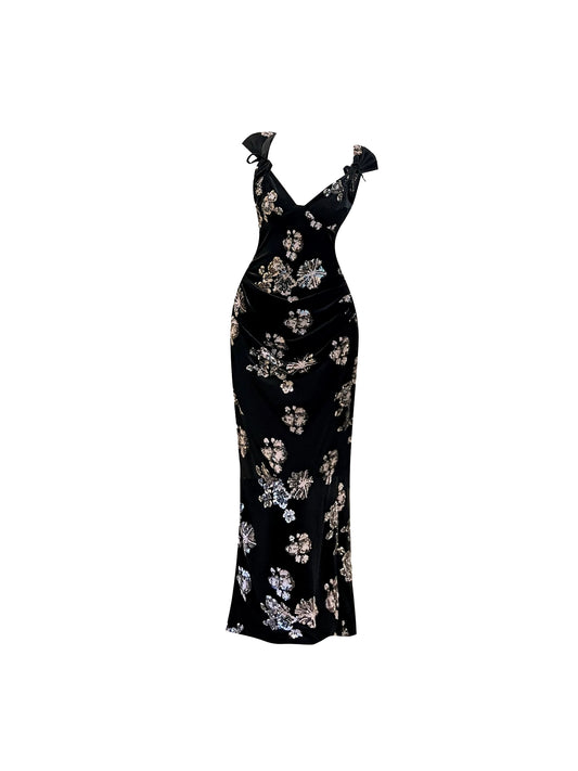 Ornate Sheath V Neck Bow Straps Maxi Dresses Alluring Black Velvet Sequin Floral Long Dress AP4583