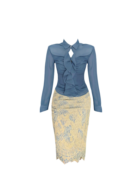 Fabulous Long Sleeve Blue Sheer Blouse Beige Blue-Print Lace Midi Skirt Casual 2-Piece Set Sheath Ruffles Trim Cutout Lapel Collar Short Dress AP4584
