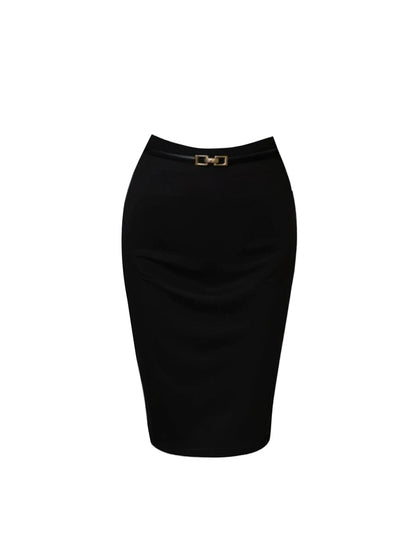 Chic Long Sleeve Purple Button-Front Blouse Office Work Days Midi Skirt Fancy 2-Piece Set Black Slim-Fit Pencil Short Dress AP4585