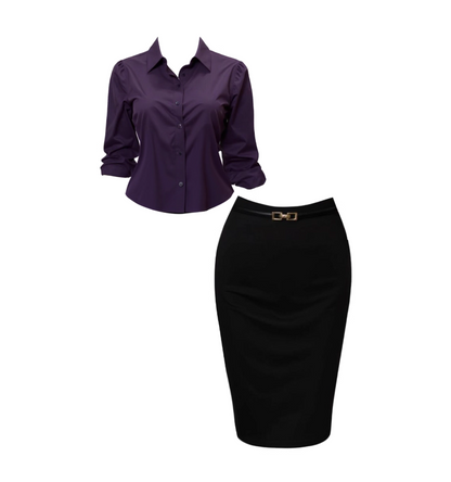 Chic Long Sleeve Purple Button-Front Blouse Office Work Days Midi Skirt Fancy 2-Piece Set Black Slim-Fit Pencil Short Dress AP4585