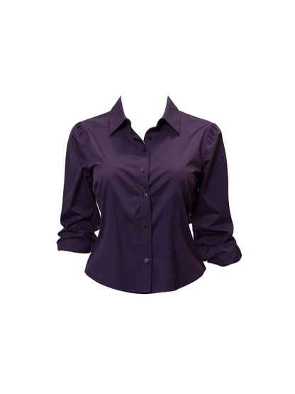 Chic Long Sleeve Purple Button-Front Blouse Office Work Days Midi Skirt Fancy 2-Piece Set Black Slim-Fit Pencil Short Dress AP4585