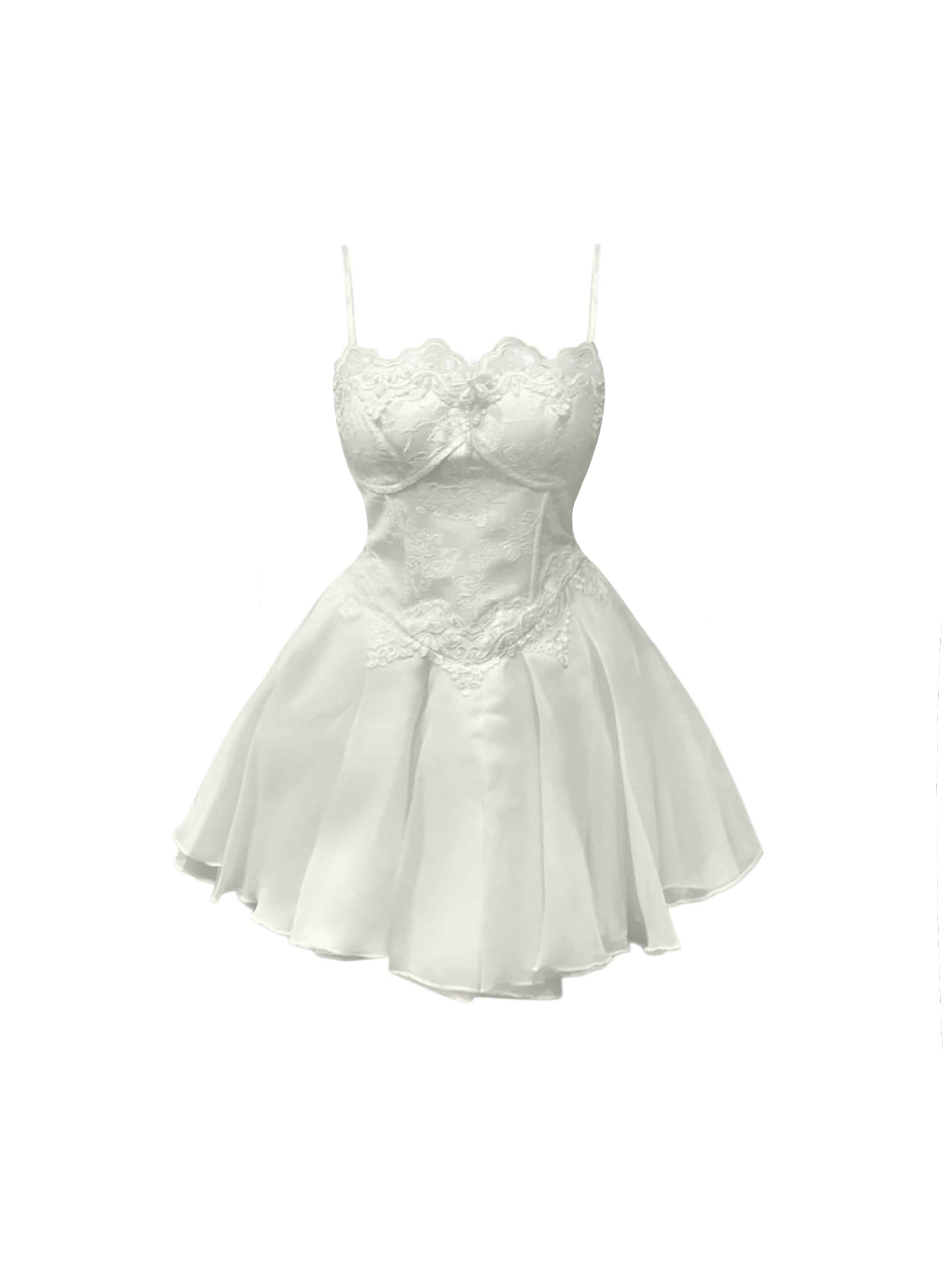 Luxurious Spaghetti Strap Lace Corset Bodice Mini Skirt Flowy Sheer Tulle A-Line White Short Dress AP4586