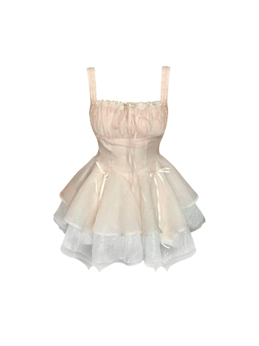 Luxury Tiered Tulle Spaghetti Strap Mini Skirt Sweet A-Line Lace Trim Bow Accents Short Dress AP4587