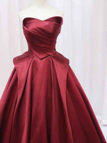 Elegant A-Line Strapless Sweet 16th Evening Dresses Burgundy Satin Ruched Prom Dress AP4589