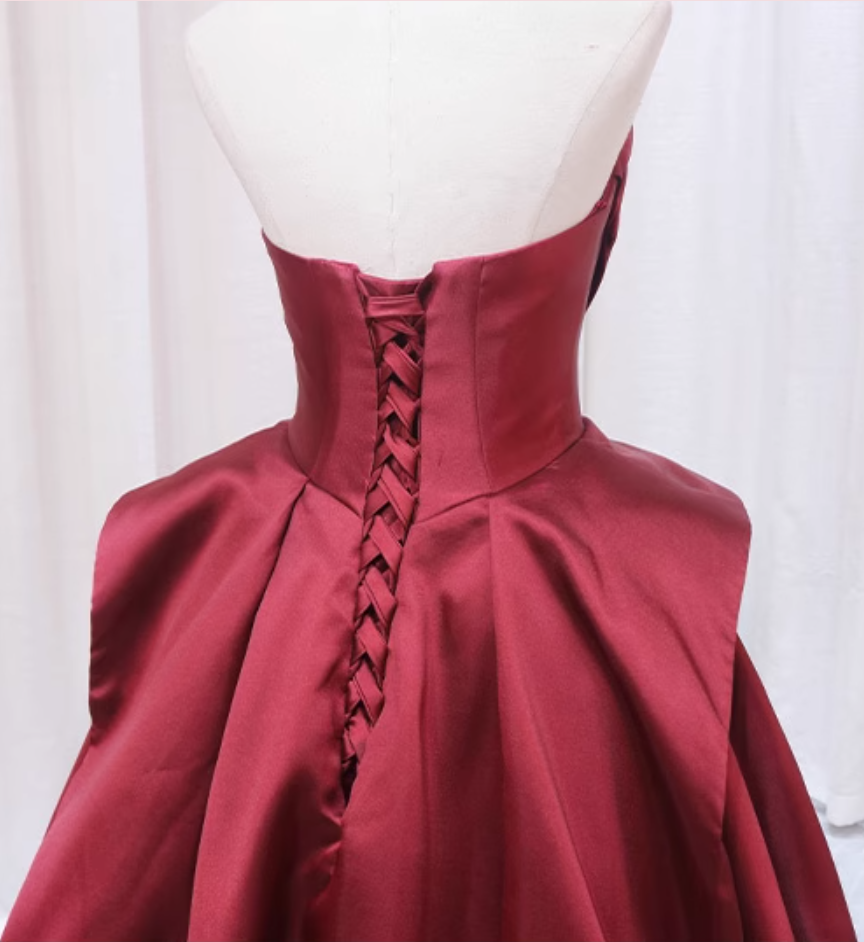 Elegant A-Line Strapless Sweet 16th Evening Dresses Burgundy Satin Ruched Prom Dress AP4589