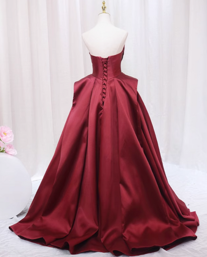 Elegant A-Line Strapless Sweet 16th Evening Dresses Burgundy Satin Ruched Prom Dress AP4589