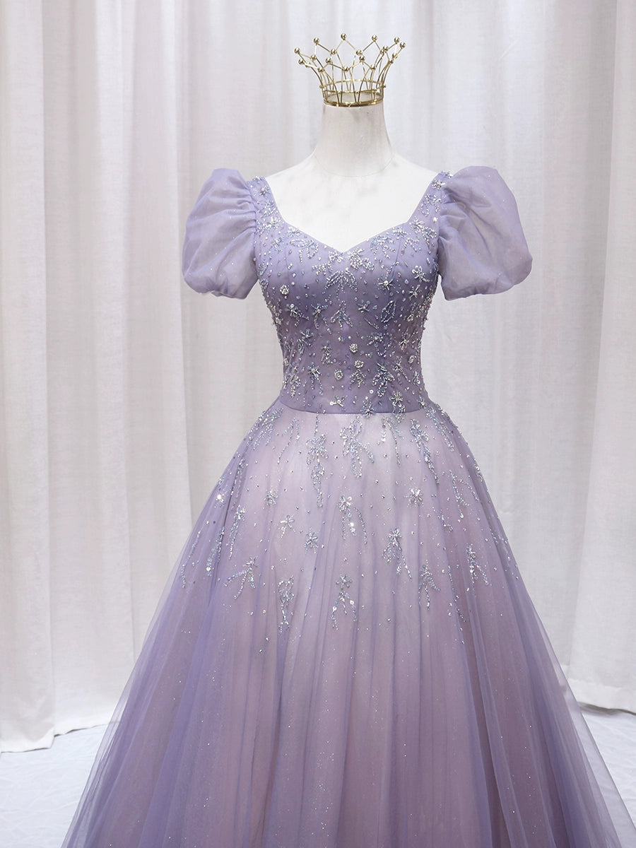 Classical A-Line Square Neck Lavender Tulle Sweet 16th Evening Gowns Sequins Puffy Short Sleeve Beaded Prom Dress AP4590