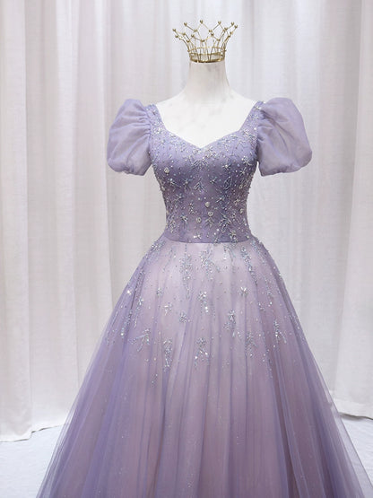 Classical A-Line Square Neck Lavender Tulle Sweet 16th Evening Gowns Sequins Puffy Short Sleeve Beaded Prom Dress AP4590