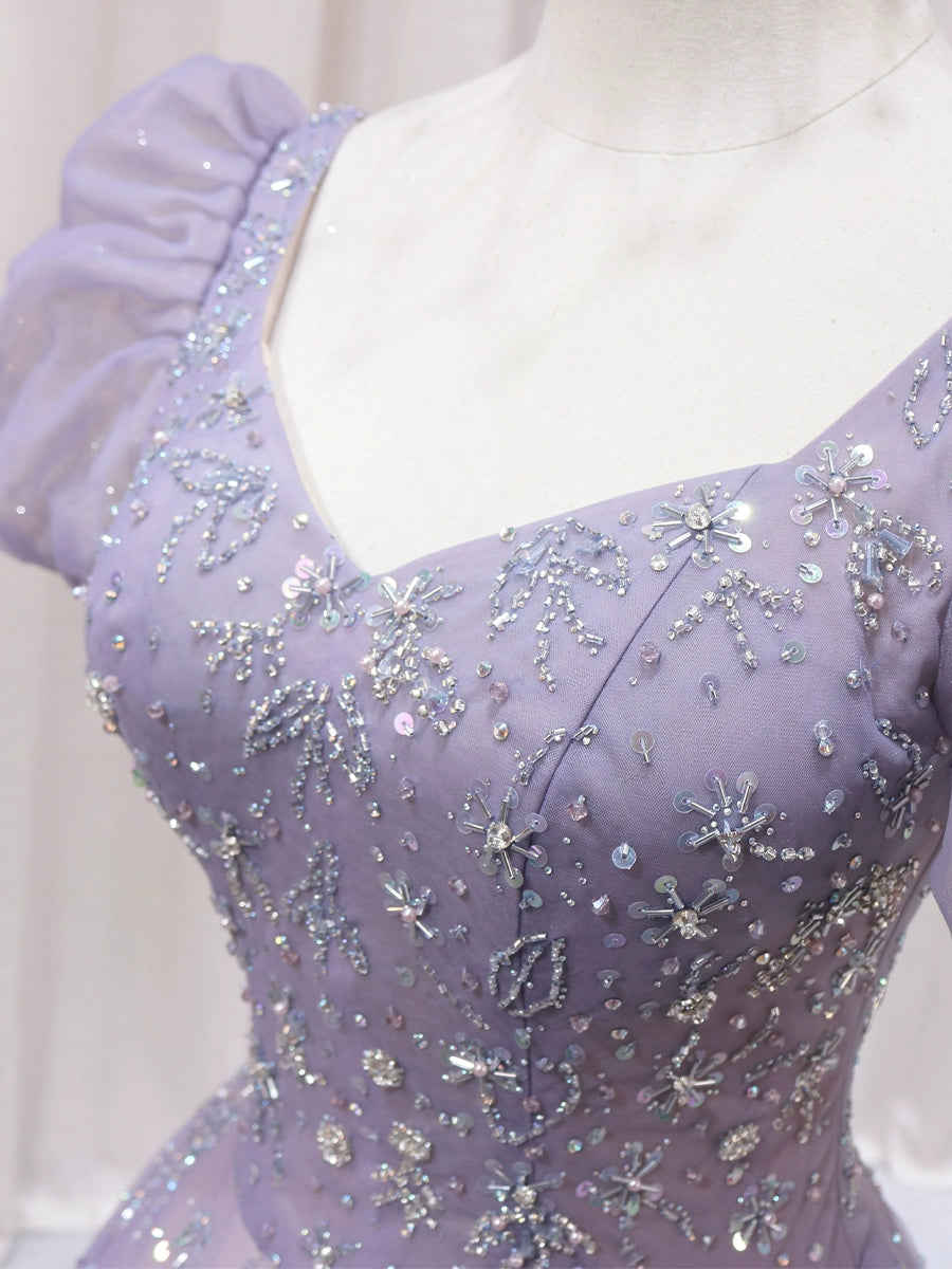 Classical A-Line Square Neck Lavender Tulle Sweet 16th Evening Gowns Sequins Puffy Short Sleeve Beaded Prom Dress AP4590