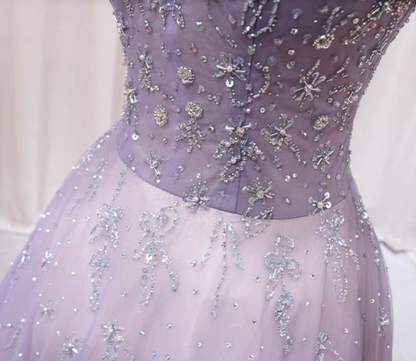 Classical A-Line Square Neck Lavender Tulle Sweet 16th Evening Gowns Sequins Puffy Short Sleeve Beaded Prom Dress AP4590