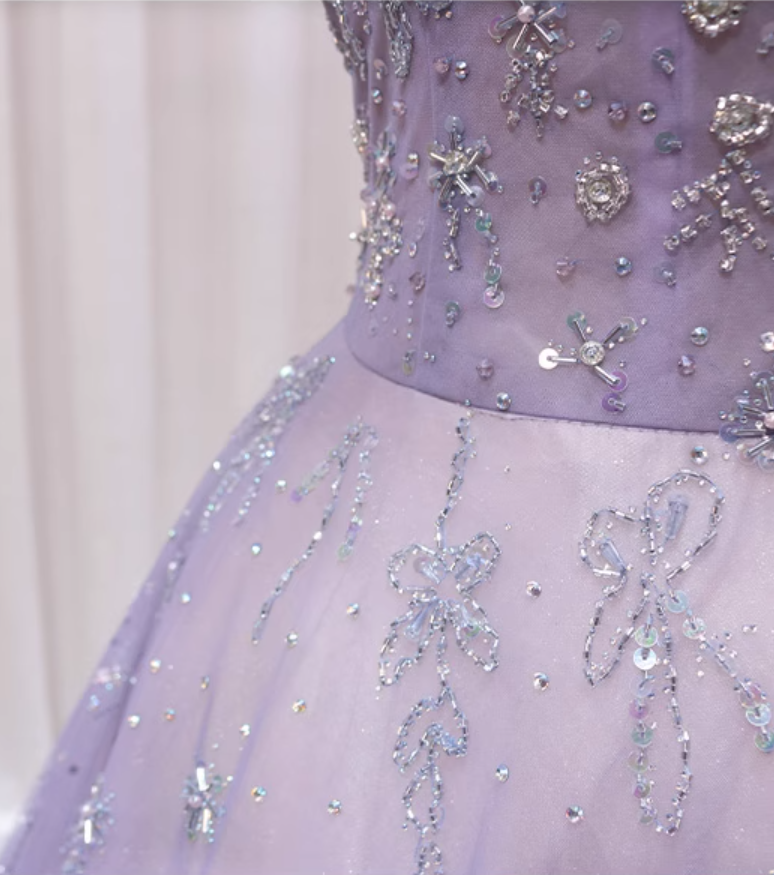 Classical A-Line Square Neck Lavender Tulle Sweet 16th Evening Gowns Sequins Puffy Short Sleeve Beaded Prom Dress AP4590