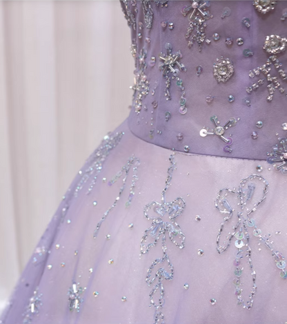 Classical A-Line Square Neck Lavender Tulle Sweet 16th Evening Gowns Sequins Puffy Short Sleeve Beaded Prom Dress AP4590