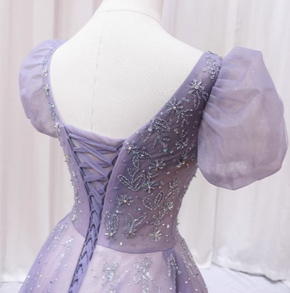 Classical A-Line Square Neck Lavender Tulle Sweet 16th Evening Gowns Sequins Puffy Short Sleeve Beaded Prom Dress AP4590